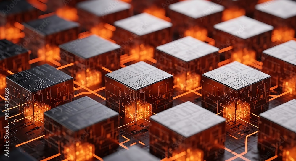 Fototapete 3d icon of abstract orange glowing cubes in a grid formation, representing technology, data processi