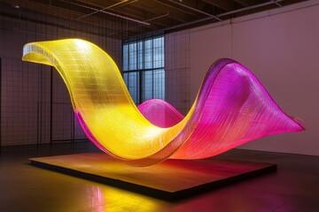 A vibrant, flowing sculpture of interwoven, glowing threads.