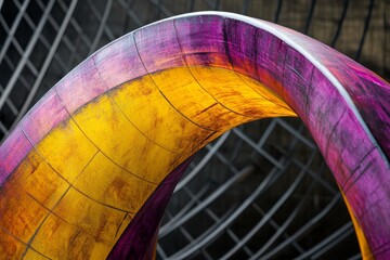 A vibrant, curved wooden structure with stained, repeating panels.