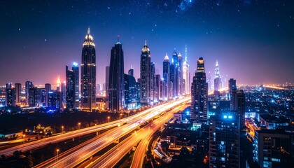 Fototapeta premium Night cityscape with illuminated skyscrapers and a highway with light trails under a starry sky