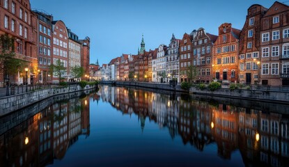 Obraz premium Evening Canal, Old Town, Cityscape Reflection, Dusk, Travel