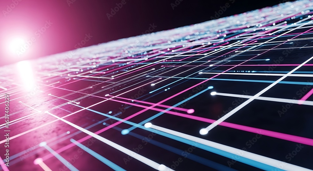 Poster 3d icon of abstract digital network of glowing lines and dots in pink and blue, receding into the di