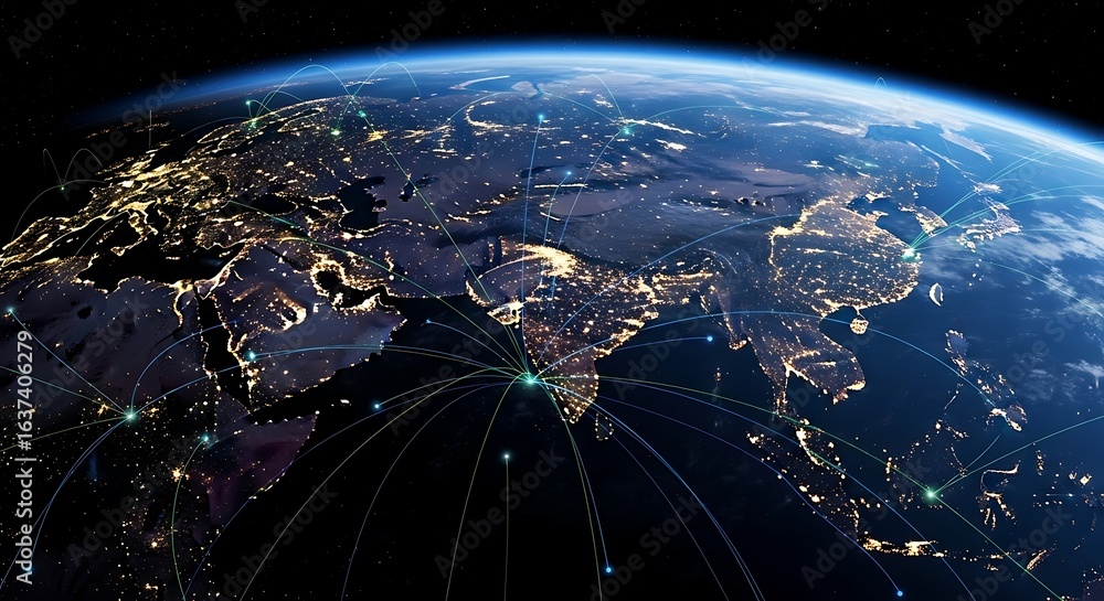 Poster 3d icon of view of planet earth at night from space, showing glowing city lights and interconnected 