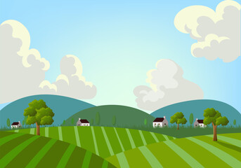 Cartoon nature landscape vector illustration. With green meadow, grass, flowers and trees  farm, village countryside for kids theme background.