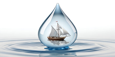 Water drop icon with tiny boat inside symbolizes exploration within simplicity and emotional depth