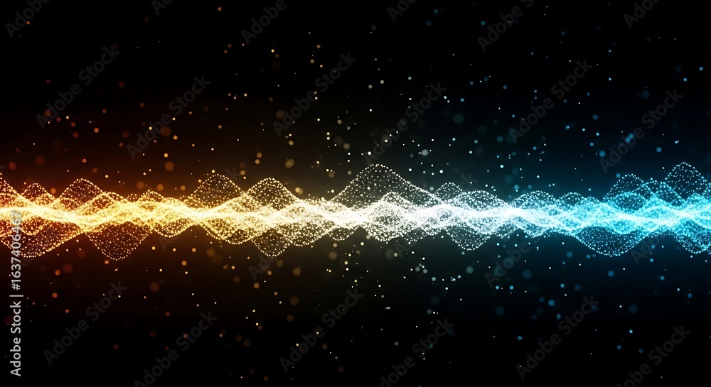 Poster 3d icon of abstract glowing wave of particles transitioning from orange to blue on a dark background