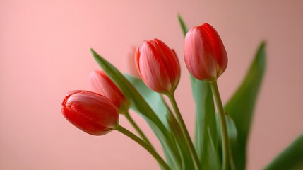 Fototapeta premium Close-up of red tulips against a peach background.