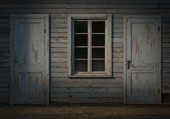 Rustic wooden building exterior, night scene, weathered doors, window, mystery