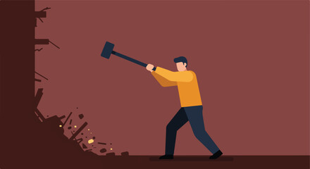 Man breaking a wall. With a sledgehammer, he is destroying the wall