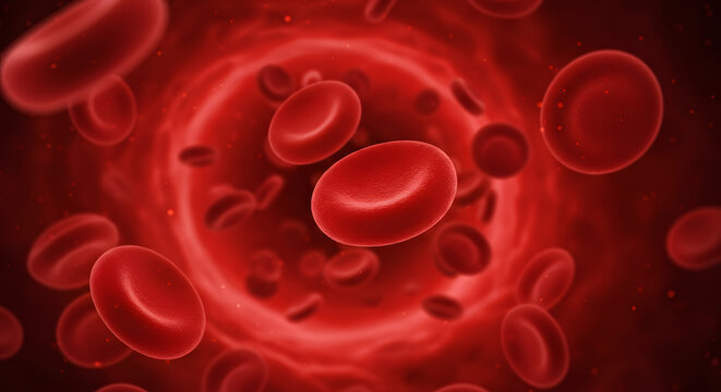3D rendered close-up view of red blood cells (erythrocytes) flowing through the human bloodstream