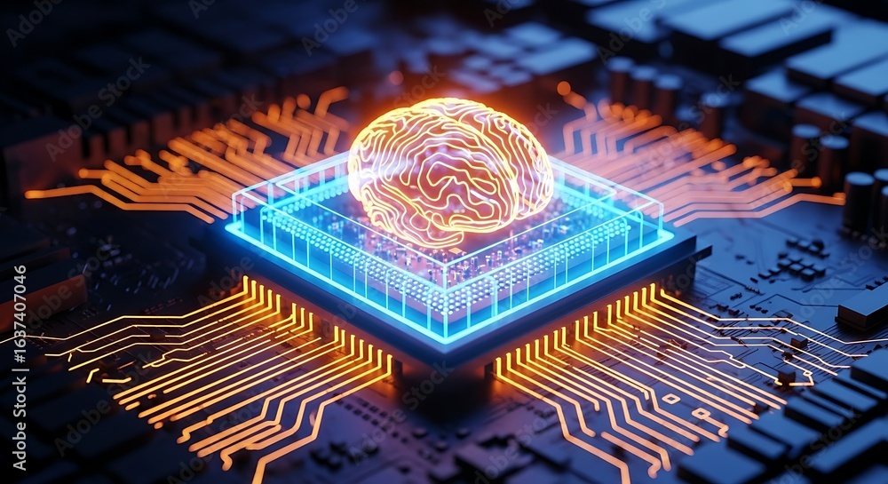 Fototapete 3d icon of glowing artificial intelligence brain on a futuristic computer chip with intricate circui