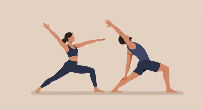 Two people practice a warrior pose together, wearing blue athleisure outfits