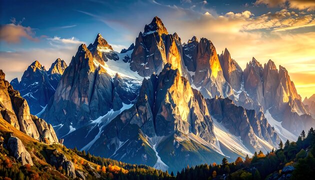 Majestic, snow-capped mountain range ablaze in sunset hues