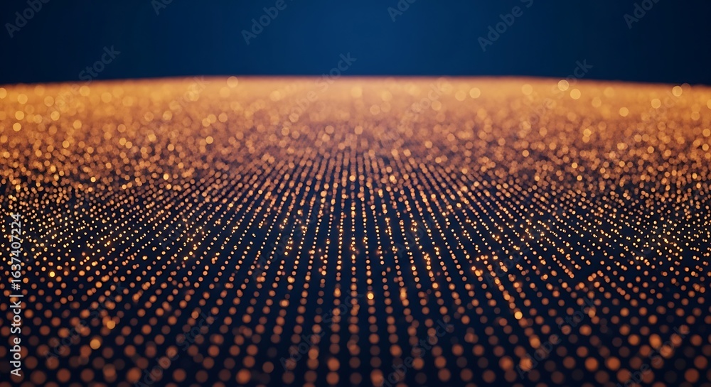 Fototapete 3d icon of abstract glowing orange particles forming a grid pattern on a dark blue background, repre