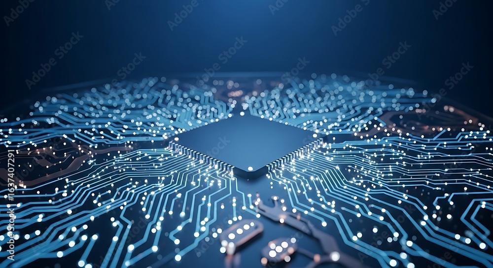 Fototapete 3d icon of closeup view of a futuristic computer circuit board with a central processor chip and glo