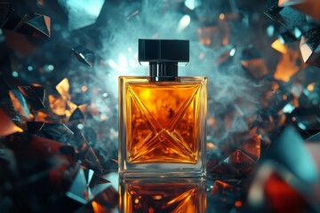Amber perfume bottle in a dramatic setting.