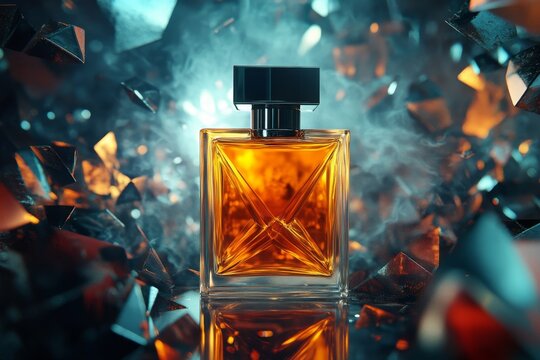 Amber perfume bottle in a dramatic setting.