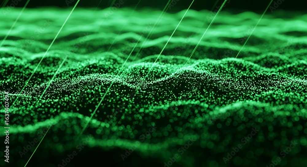 Aufkleber 3d icon of abstract green digital wave pattern with glowing particles and light streams, symbolizing