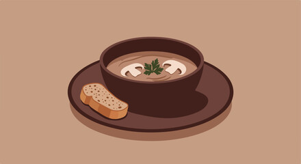 Brown mushroom soup in dark brown bowl on plate with parsley and sliced bread