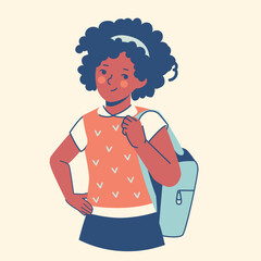 Happy African American schoolgirl with backpack, celebrating diversity in education. Ideal for inclusive school posters, educational apps, and multicultural learning resources in flat vector style