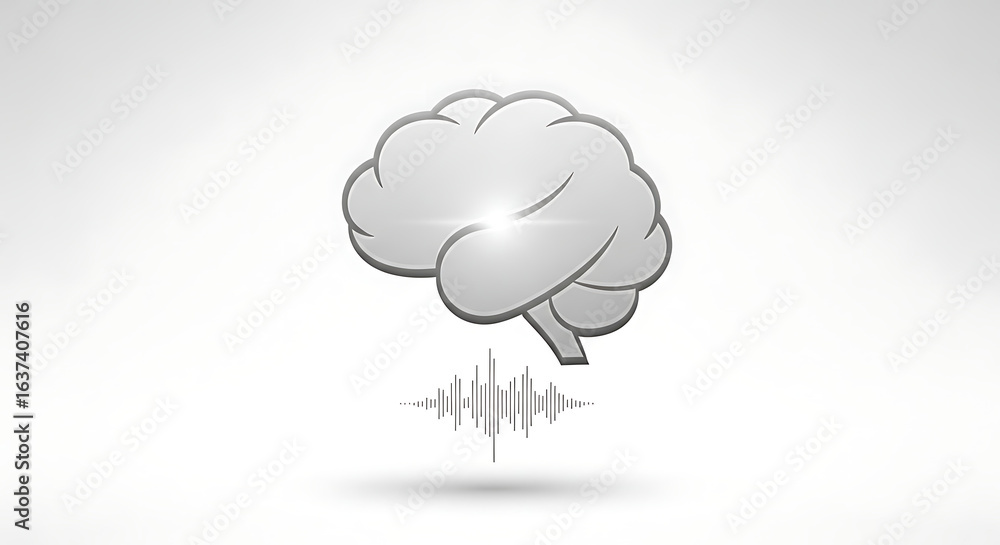 Poster illustration of a brain with sound waves emanating from it on a plain white background design art