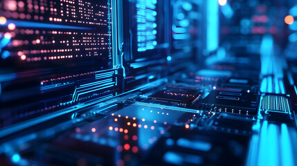 Obraz premium Abstract Digital Data Network Glowing Blue Circuits and Binary Code