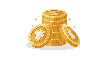 Koin emas bertumpuk dengan perisai dan tanda dolar, mewakili keamanan finansial, tabungan, dan pertumbuhan investasi untuk masa depan yang sejahtera dan transaksi yang aman