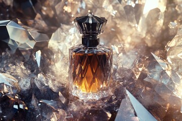Amber perfume bottle amidst sparkling crystals.