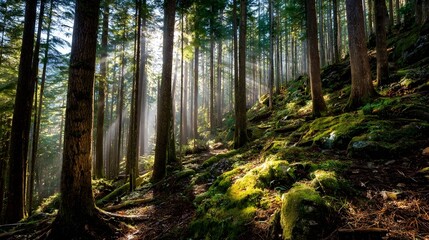 Obraz premium Sunlight streams through a misty forest.