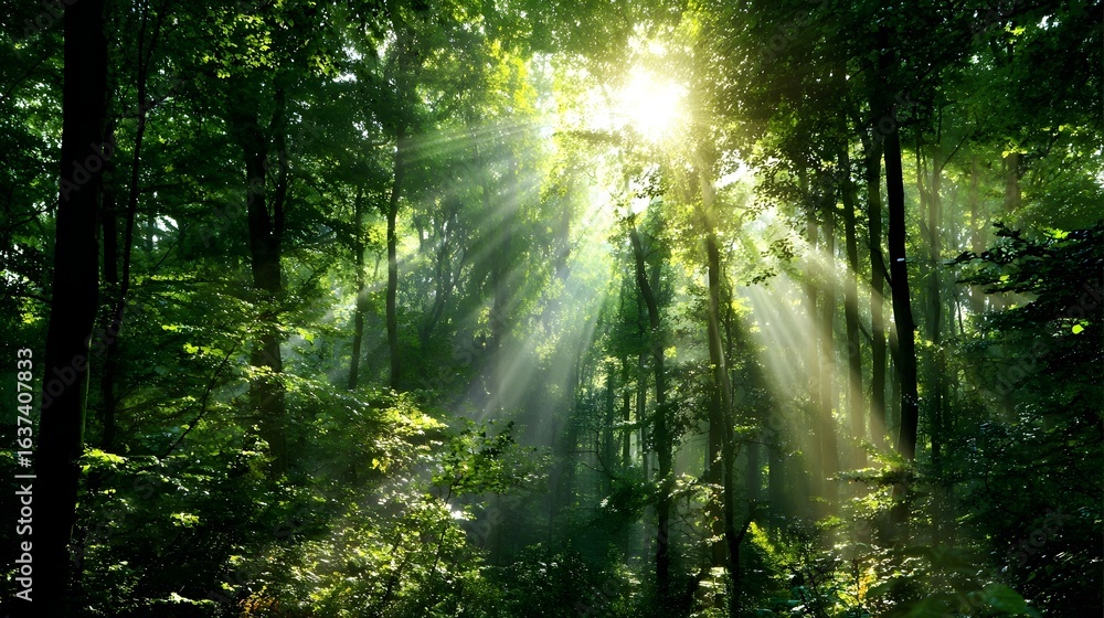 Poster sunlight streams through a lush forest canopy.
