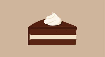 Dark cake slice, creamy filling, soft swirl topping. Tasty indulgence, graphic