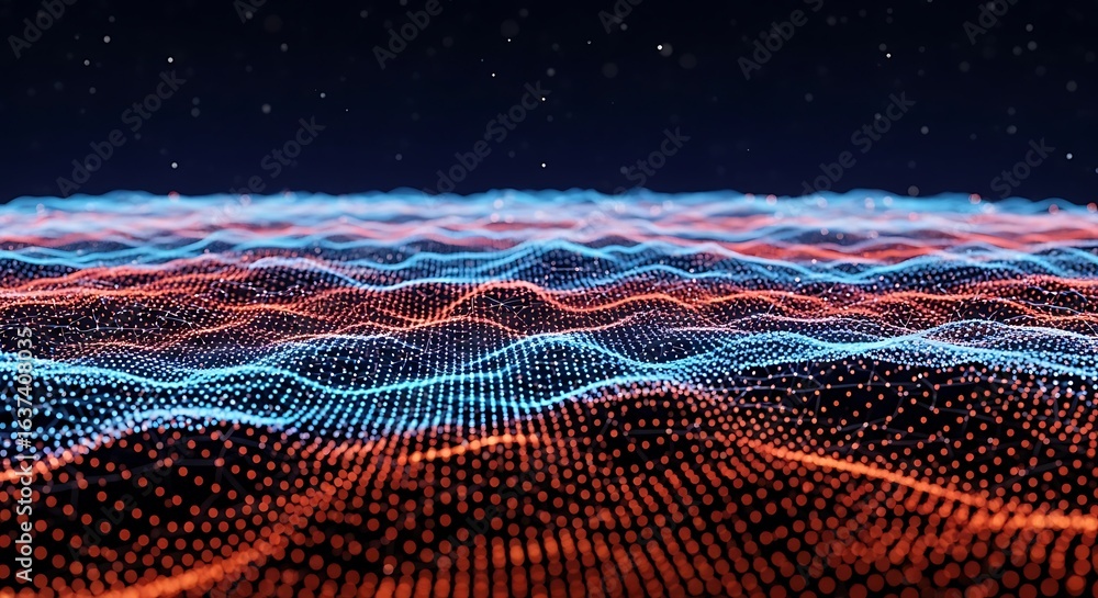 Fototapete 3d icon of abstract visualization of a digital data landscape with glowing blue and red particle wav