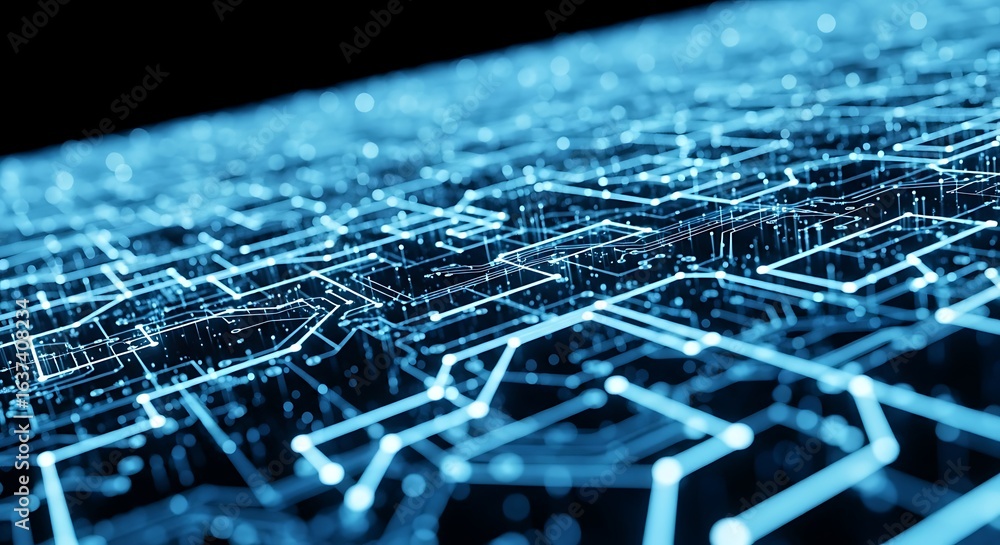 Poster 3d icon of detailed abstract view of a glowing blue circuit board with complex pathways and nodes, r