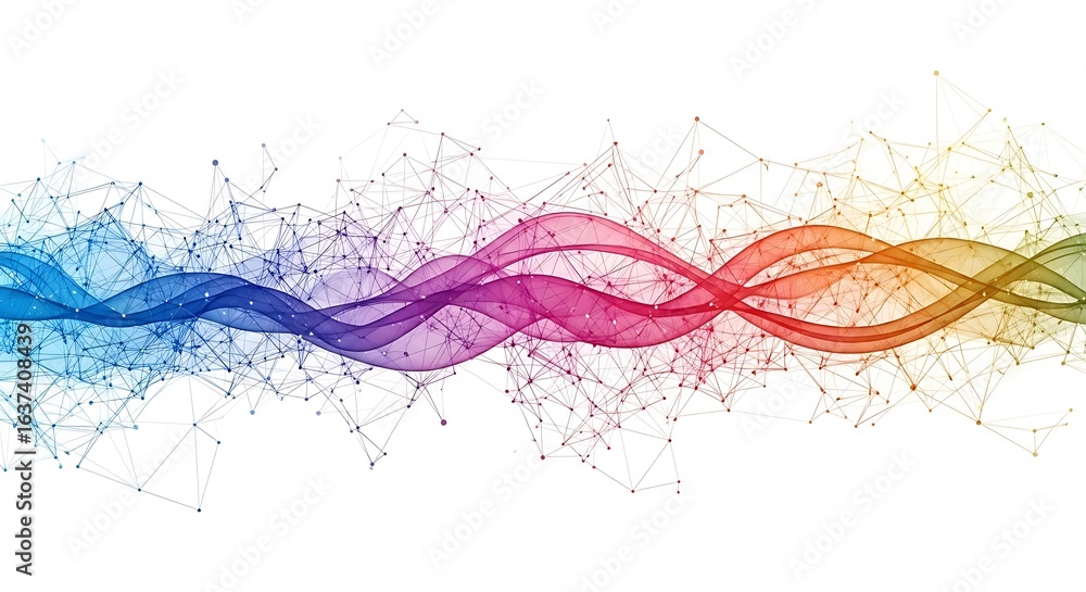 Fototapete 3d icon of abstract colorful wave with connected dots and lines, representing data flow and network 