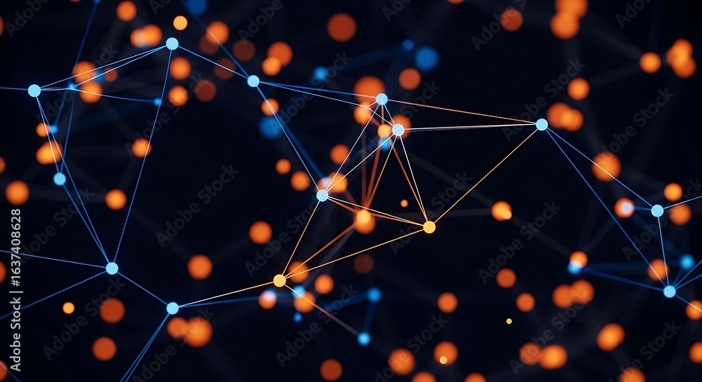 Poster 3d icon of abstract network of glowing orange and blue dots connected by lines, representing data an