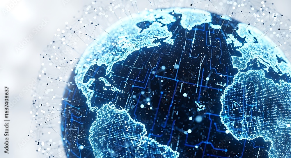 Aufkleber 3d icon of digital globe with glowing blue lines and connected particles, representing global networ