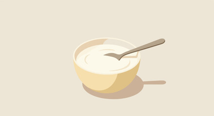 Dessert illustration Bowl of creamy yogurt with spoon on a plain, neutral background