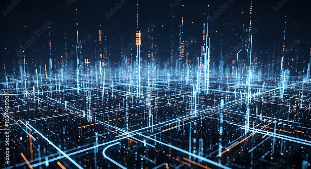 Aufkleber 3d icon of abstract digital network with glowing blue and orange lines and particles, symbolizing te