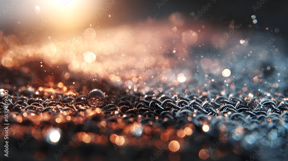 Poster close-up view of a textured surface with water droplets and glittering light.
