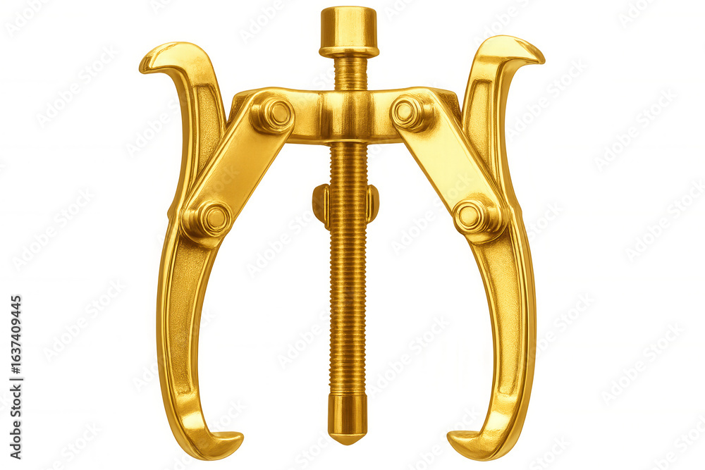 Poster close-up of a golden three-jaw puller, showcasing its mechanical design and utility in engineering a