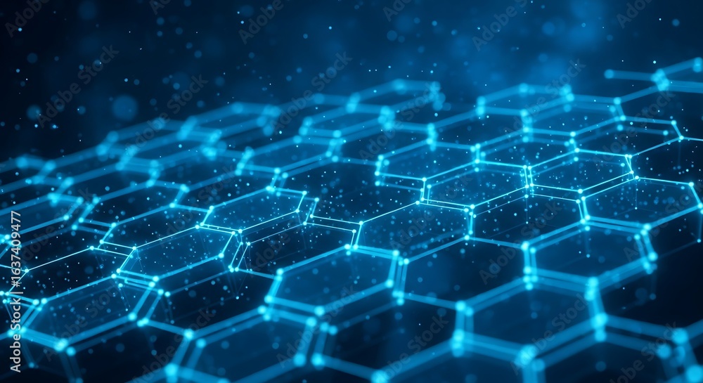 Fototapete 3d icon of abstract blue hexagonal grid pattern with glowing lines, representing network and technol