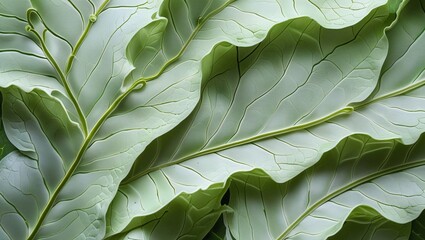 Close-up of fern leaf texture with fine veins, light green hues and layered pattern, natural symmetry and botanical detail