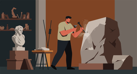 An artist chisels at a rock to create a statue with tools in a dim studio