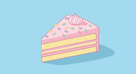 Slice of cartoon cake with pink frosting and colorful sprinkles on blue backdrop