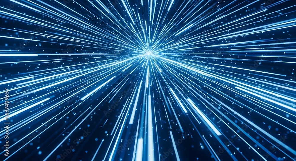 Fototapete 3d icon of abstract blue light streaks exploding from a central point, creating a sense of speed and
