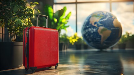 Ready for a global adventure with a vibrant red suitcase and dreams of exploring the world illuminated by soft sunlight