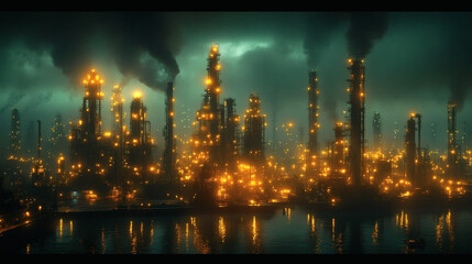 Fototapeta premium Create a glowing night-time view of a future refinery