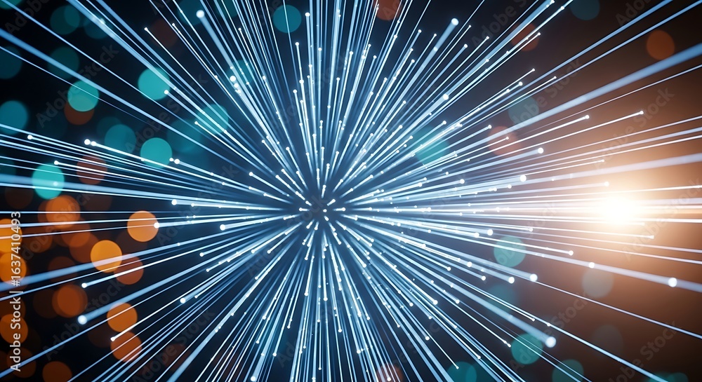 Poster 3d icon of abstract explosion of blue light streaks and bokeh circles, representing data transmissio