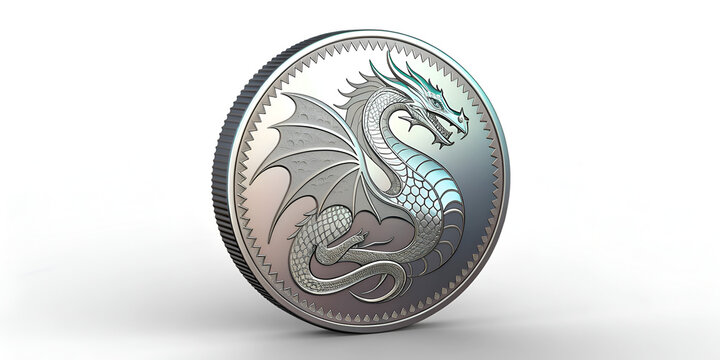Coin icon with holographic dragon design symbolizes mythical value digital currency and fantasy power
