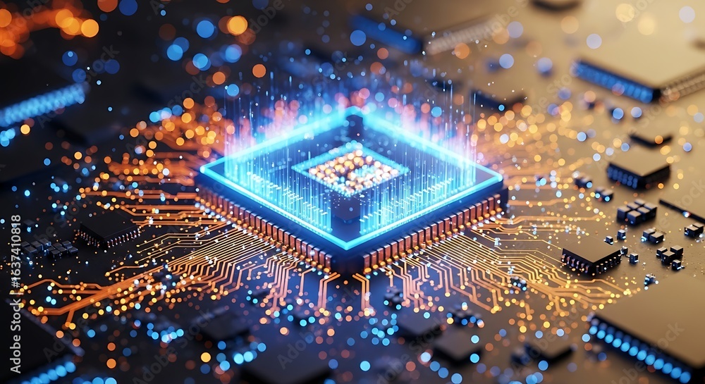 Fototapete 3d icon of glowing blue and orange processor chip on a circuit board, representing advanced technolo